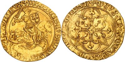 une pièce d'or avec l'image d'un homme sur un cheval