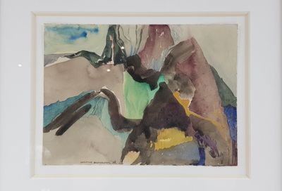 aquarelle encadrée représentant un oiseau volant au-dessus d'une montagne