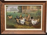 tableau représentant un groupe de poulets dans un champ, avec une grange en arrière-plan