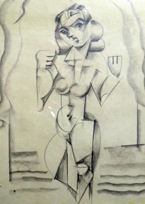 dessin au crayon représentant une femme tenant un couteau dans une main et un autre couteau dans l'autre