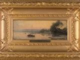 a painting of a boat on a river with trees in the background