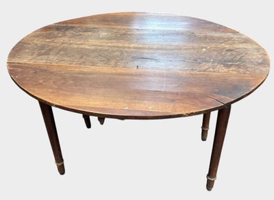 a round table with a wooden top on a white background