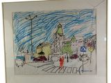 drawing of a street scene with cars and people crossing the street