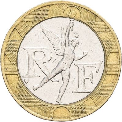 a close up of a coin with a winged figure on it