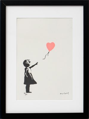 banksy girl with a heart balloon framed art print