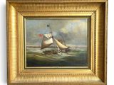 une peinture à l'huile représentant un voilier en mer, arborant un drapeau