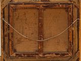 painting of an old wooden box with a chain hanging from it ' s side