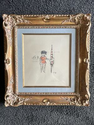 an old picture frame with a drawing of a woman holding a flag