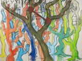 painting of a group of people standing around a tree with many colors