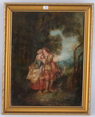 an oil painting of two women in a wooded setting