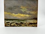 an image of a painting of a beach scene with a cloudy sky
