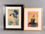 deux estampes japonaises encadrées représentant une femme en robe bleue et une femme au chapeau noir