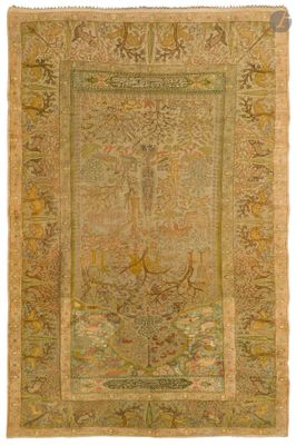 un tapis ancien représentant une femme dans un bateau