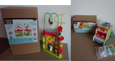 deux photos : l'une d'une boîte contenant des jouets et l'autre d'une boîte contenant un jouet