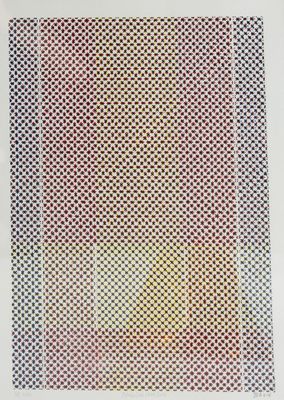 une peinture abstraite représentant un motif carré sur fond blanc