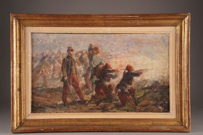 a painting of a group of men with guns in a field