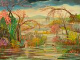 un tableau représentant un homme pataugeant dans une rivière