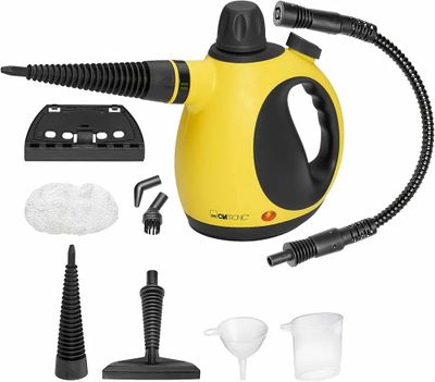 yellow and black steam ironing machine with accessories on a white background