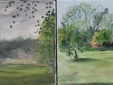 trois tableaux représentant des arbres dans un champ, avec le ciel en arrière-plan