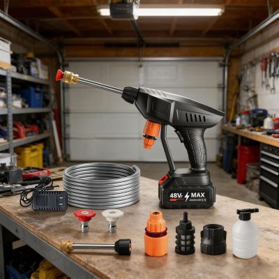 une perceuse Black & Decker posée sur un établi dans un garage