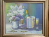 une photo d'un tableau représentant un vase de fleurs et une bouteille de vin