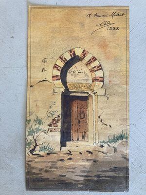 an old painting of a doorway with a clock on it
