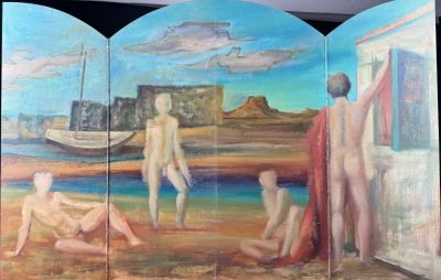 a painting of a man and a woman on the beach