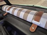 a brown and white striped seat belt in a car