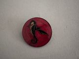 a picture of a red button with a black seahorse on it