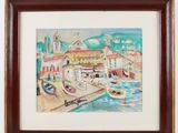 painting of boats docked in a harbor with a church in the background