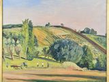une image représentant un tableau de paysage avec des vaches paissant dans un champ