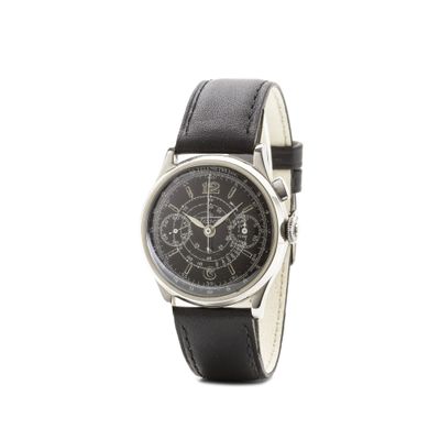 l'image d'une montre-bracelet avec un bracelet en cuir noir