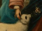 a painting of a woman holding a baby goat