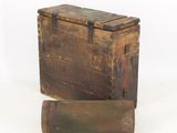 a small wooden box sitting on top of a roll of wood