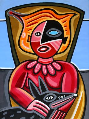 a painting of a woman sitting in a chair with a cat