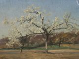 une peinture à l'huile représentant un arbre dans un champ, sur lequel est perché un oiseau