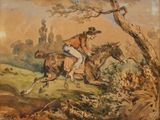 une peinture représentant un homme à cheval dans un champ