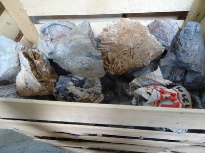 une caisse en bois remplie de cailloux et une canette de soda