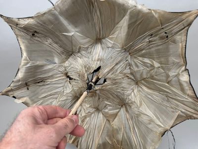une personne tenant un parapluie, un bâton à la main