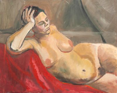 an oil painting of a nude woman laying on a red blanket