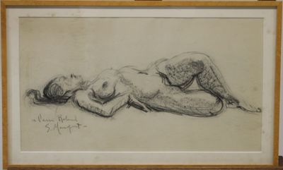 drawing of a nude woman laying on her back in a wooden frame