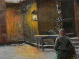 a painting of a woman walking in the snow