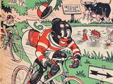 a close up of a magazine cover with a cartoon character on a bike