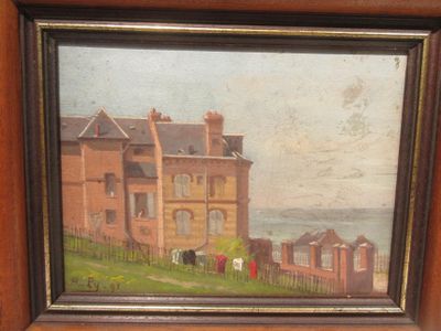 painting of a house on a hill overlooking a body of water with a horse in the foreground