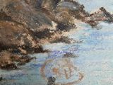 a painting of a boat on the water near a cliff
