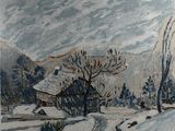 tableau représentant un paysage enneigé avec une maison et des arbres au premier plan