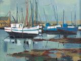 painting of boats in a harbor on a cloudy day