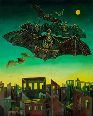 painting of a group of bats flying over a city at night
