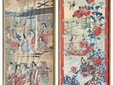 two framed paintings of asian women and men on a boat