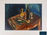 a painting of a bottle of wine and a plate of food on a table